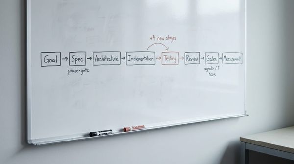 Eight printed engineering documents labeled with the SDLC stages Goal, Spec, Architecture, Implementation, Testing, Review, Gates, and Measurement, connected by a thin line.