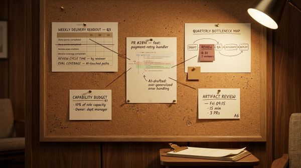 A wall board pinned with a manager's weekly cadence artifacts: a delivery readout swapping story points for review cycle time, a marked-up pull request, a bottleneck map flagging an 8-day