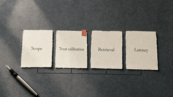 Four documents in a row labeling the four product decisions that set an AI feature's cost floor: Scope, Trust calibration, Retrieval, and Latency, joined by a line signaling interdependence.