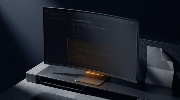 Dark-mode editor on a brushed-metal monitor on a concrete platform, with a benign markdown README visible and a warmly-lit code block below - the hidden injection payload metaphor