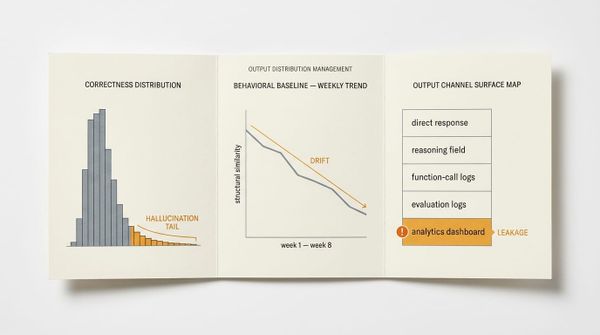 Three-panel editorial dashboard under an OUTPUT DISTRIBUTION MANAGEMENT header: histogram with hallucination tail, weekly trend chart marked DRIFT, and output-channel map with a LEAKAGE…