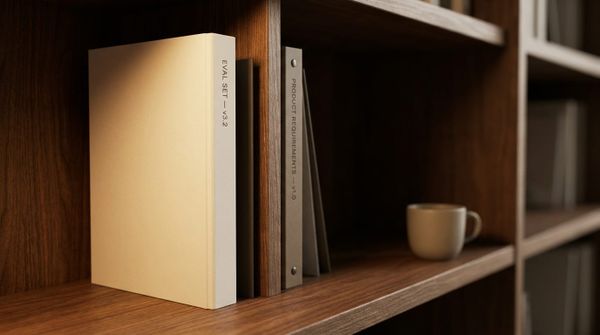 An eval-set binder labeled "EVAL SET v3.2" stands foregrounded on a walnut bookshelf beside a recessed PRD ring-binder labeled "PRODUCT REQUIREMENTS v1.0".