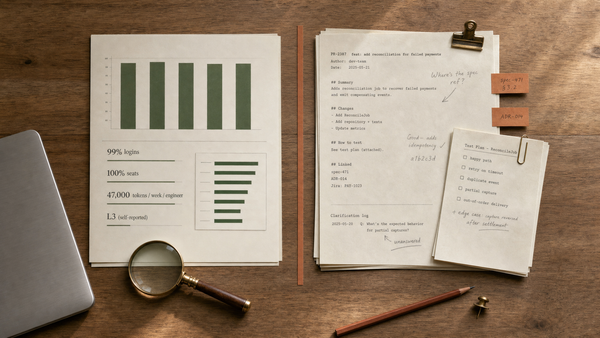 Two documents side by side: a clean 'Dashboard reading' report with green percentages and a chart, versus an annotated 'Artifact reading' PR printout with spec tabs and a test plan, with a