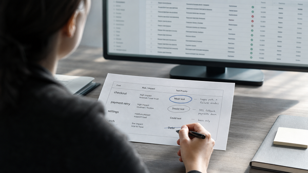 A QA practitioner seen over the shoulder marks up a printed priority sheet, deciding which product flows are worth testing, while a long generated test suite sits defocused on the monitor…