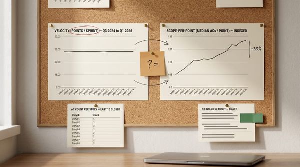 A CTO's analytical cork board pinned with two anchor charts side-by-side: a flat velocity line over 16 sprints next to a clearly rising scope-per-point line, connected by a sticky-note…