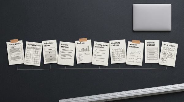 Ten labeled component documents - AI-use policy, role playbook, adoption ladder, review standard, eval-set, quality-gates checklist, coaching cadence, metrics dashboard, incident protocol,…