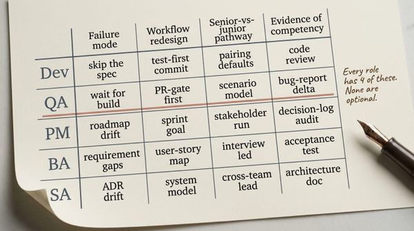 Five paper artifacts from AI delivery roles: a PR Intent card, Test Plan booklet, Meeting Summary with a "Still Open" note, Stakeholder Assumptions notepad, and ADR-007 record.
