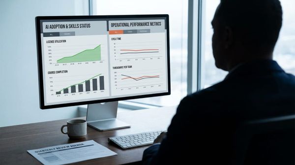 A silhouetted executive at a monitor comparing two dashboards: AI Adoption and Skills Status trending up in green, and Operational Performance Metrics showing flat trend lines.