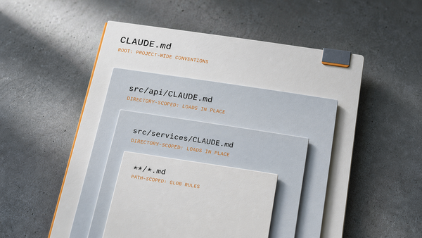 A nested CLAUDE.md context-file hierarchy open in the editor (root, src/api, src/services) beside a printed agent-chain sheet on the desk, the configured framework as the architect's…