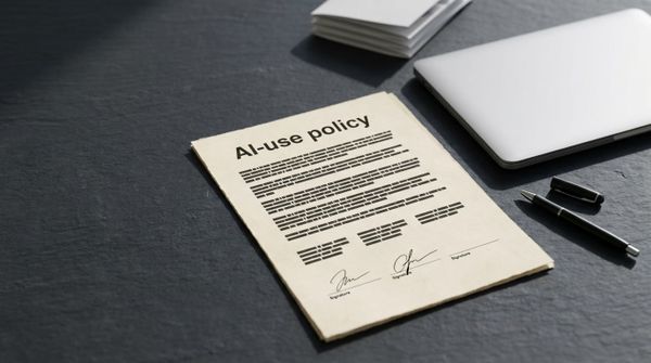A printed AI-use policy document with paragraph text and three signature lines, two signed and one blank, beside a closed laptop and a pen