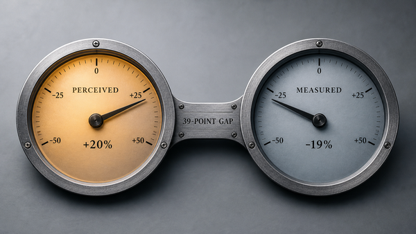Two side-by-side editorial measurement gauges reading the same quantity and disagreeing: a warm-amber gauge with its needle swung to PERCEIVED +20 percent next to a cool-blue gauge with its…