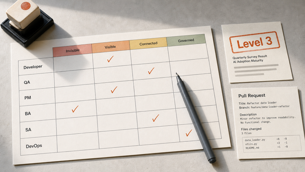 A printed AI adoption scorecard on a desk, six delivery roles down the rows and the dimension columns across the top, beside a survey card and a thin unchanged pull request that contradict.