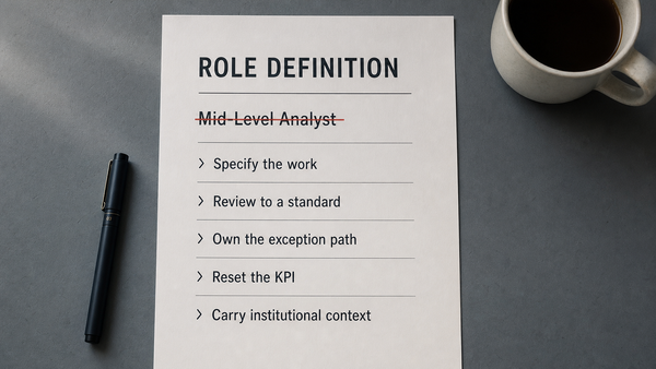 A printed role-definition sheet on a slate desk with the job title "Mid-Level Analyst" struck through in red while five responsibilities beneath it stay legible
