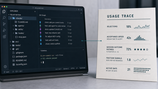 A code editor showing a repository tree (.claude, CLAUDE.md, a hook, a skills folder) beside a tool-usage report of session ratings, rejections and active days, linked by a cross-reference…