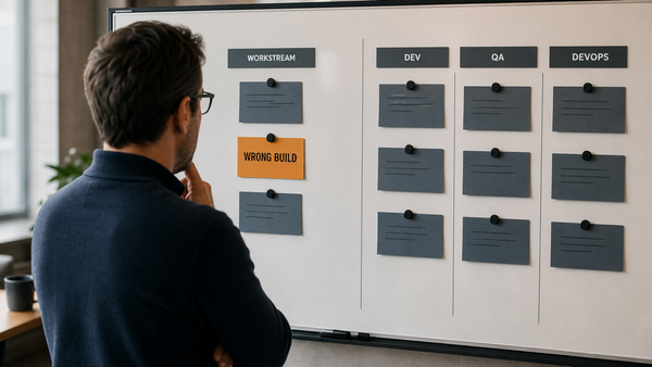 A delivery lead seen over the shoulder reading a standup wall that splits into a single flagged wrong-build workstream and a multi-lane handoff queue of correct but stuck cards