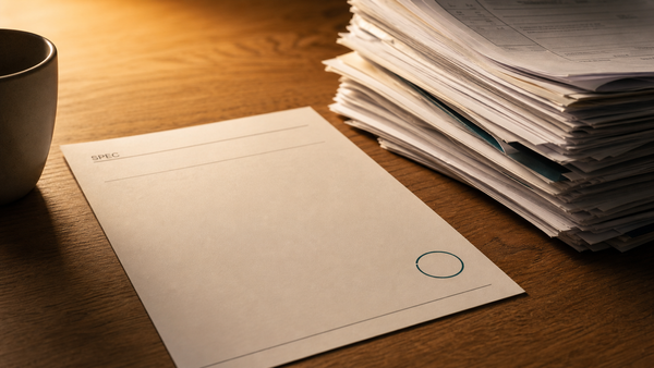 A thin under-specified spec with empty margins and a teal-circled missing detail in the foreground, set against a tall backed-up review pile behind it, showing cause versus symptom.