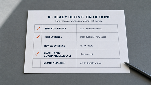 Printed one-page AI-ready Definition of Done acceptance standard with five named evidence clauses, two rows hand-checked in orange ink on a delivery lead's desk