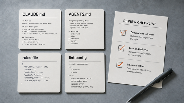 Flat-lay of machine-loadable coding-standards files as labeled cards: CLAUDE.md, AGENTS.md, a rules file and a lint config beside a printed code-review checklist.