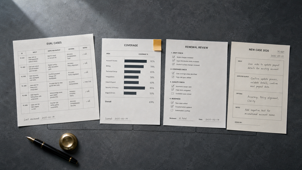 A row of printed AI eval test-case documents seen from above on a desk, one sheet annotated and dated, a freshly renewed sheet entering the frame beside it