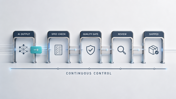 A delivery pipeline shown as open gateway checkpoints in cool slate and muted blue, with change flowing through each labelled control stage rather than stopping at a wall