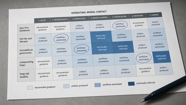 Printed operating-model contact matrix grading five agentic-framework shapes against the seven delivery operating-model components, with several cells circled in ink.
