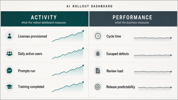 An AI rollout dashboard with a rising Activity column beside a flat Performance column: usage climbs while cycle time and escaped defects stay level
