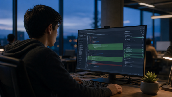 A junior software developer seated at a workstation at dusk, a clean passing-tests code diff on the monitor, caught in a paused moment unable to fully account for the work they just shipped