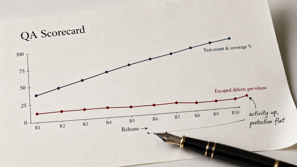 A printed QA review scorecard, hand-annotated in pen: a test-count column trending up beside an escaped-defects column that stays flat or worse release over release.