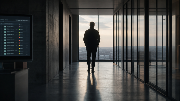An engineering leader stands at an office window at dusk while a nearby monitor shows a long queue of pending review items.