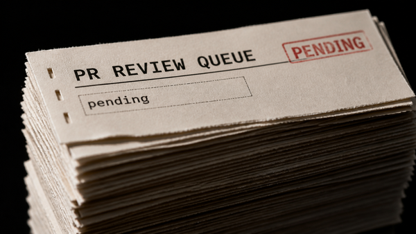 A tall stack of printed pull-request review slips headed PR REVIEW QUEUE, stamped PENDING in oxblood, receding into shadow to show the un-reviewed review backlog