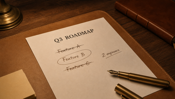 A product manager weighs a Q3 roadmap, two candidate features struck through and one kept, on a warm walnut desk: the judgment work of deciding what to build and what to cut.