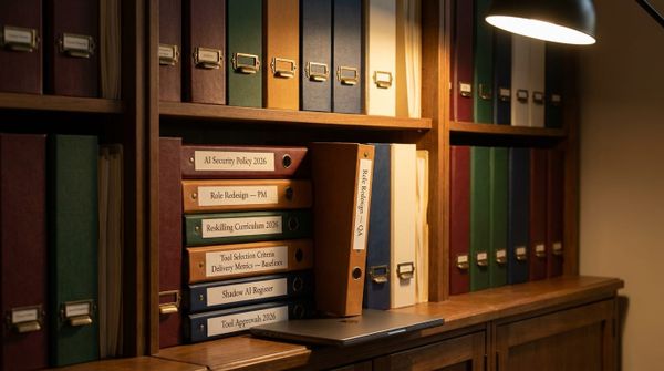 A warm walnut bookshelf holds the five document classes of a working AI operating model - AI Security Policy 2026, Role Redesign - QA and PM, Reskilling Curriculum 2026, Tool Selection…