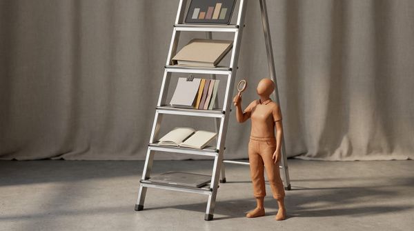 A five-rung ladder with one delivery artifact on each rung (laptop, notebook, paper stack, binder, dashboard tablet) and a small figure beside it holding a magnifying glass.