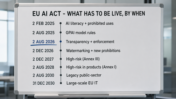A whiteboard mapping the EU AI Act as a dated implementation timeline: eight milestones from AI literacy in Feb 2025 to large-scale EU IT systems in Dec 2030, 2 August 2026 underlined in…
