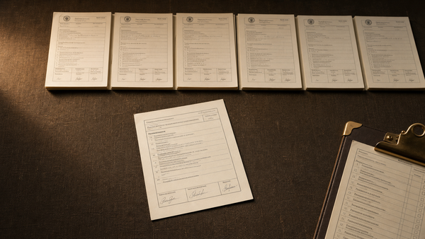 A single printed engineering control record set apart on a dark worktop below a row of six matching sign-off records, with a clipboard holding a short control inventory.