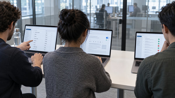 Three colleagues from different teams share one table, each on their own laptop: a CRM field list, a help-article editor and an AI evaluation list, with empty space between them.