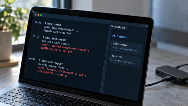 A laptop terminal shows the same missing LEDGER_DB_URL error at 00:19 and 00:41 while the AGENTS.md pane beside it lists only make setup and make test.