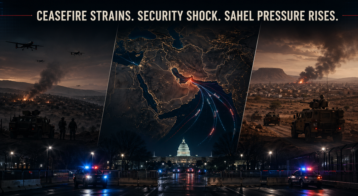 CEASEFIRE STRAINS. SECURITY SHOCK. SAHEL PRESSURE RISES.