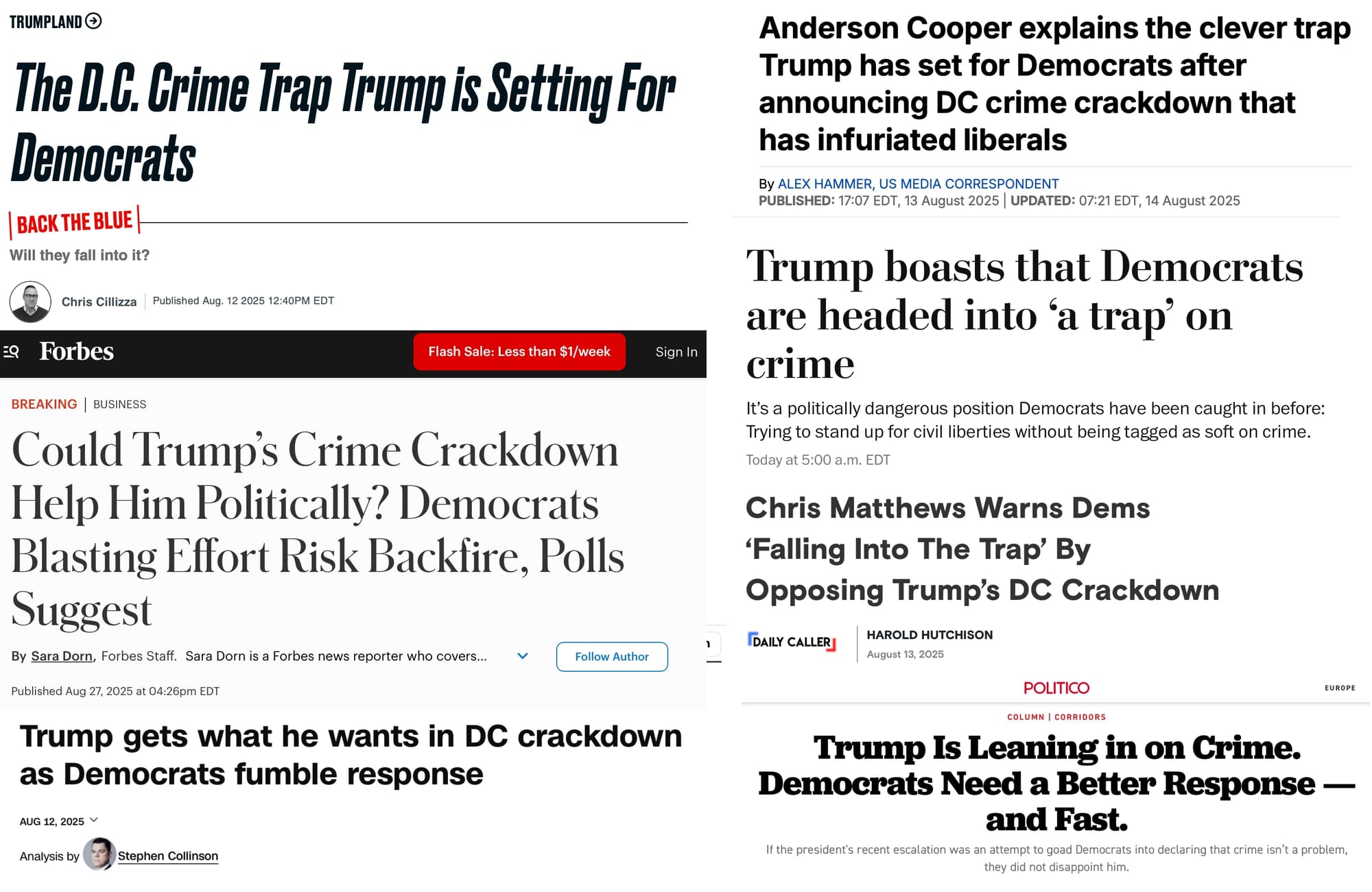 Screenshots of seven headlines insisting Trump’s use of the military in American cities is a political “trap” for Democrats.