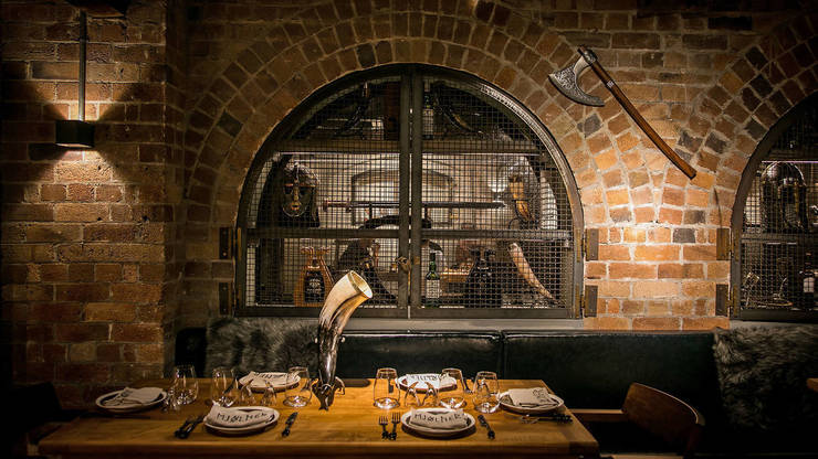 Mjolner restaurant interior, all exposed brick and faux Viking ephemera.