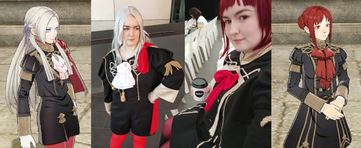 Agnes in cosplay as Edelgard and Monica, with screenshots of both characters for reference.