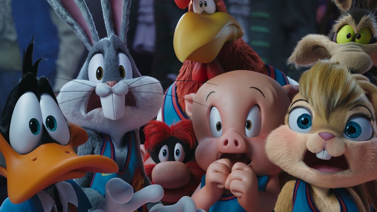 Promo still from Space Jam (2021). 3D renders of Looney Tunes characters.