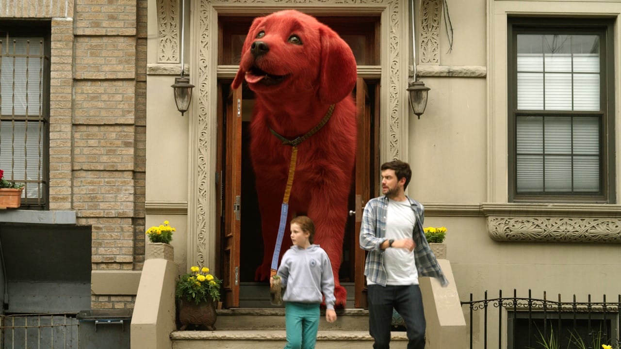 Clifford the Big Red Dog (2021). A man and a girl lead an enormous CGI labrador outside.