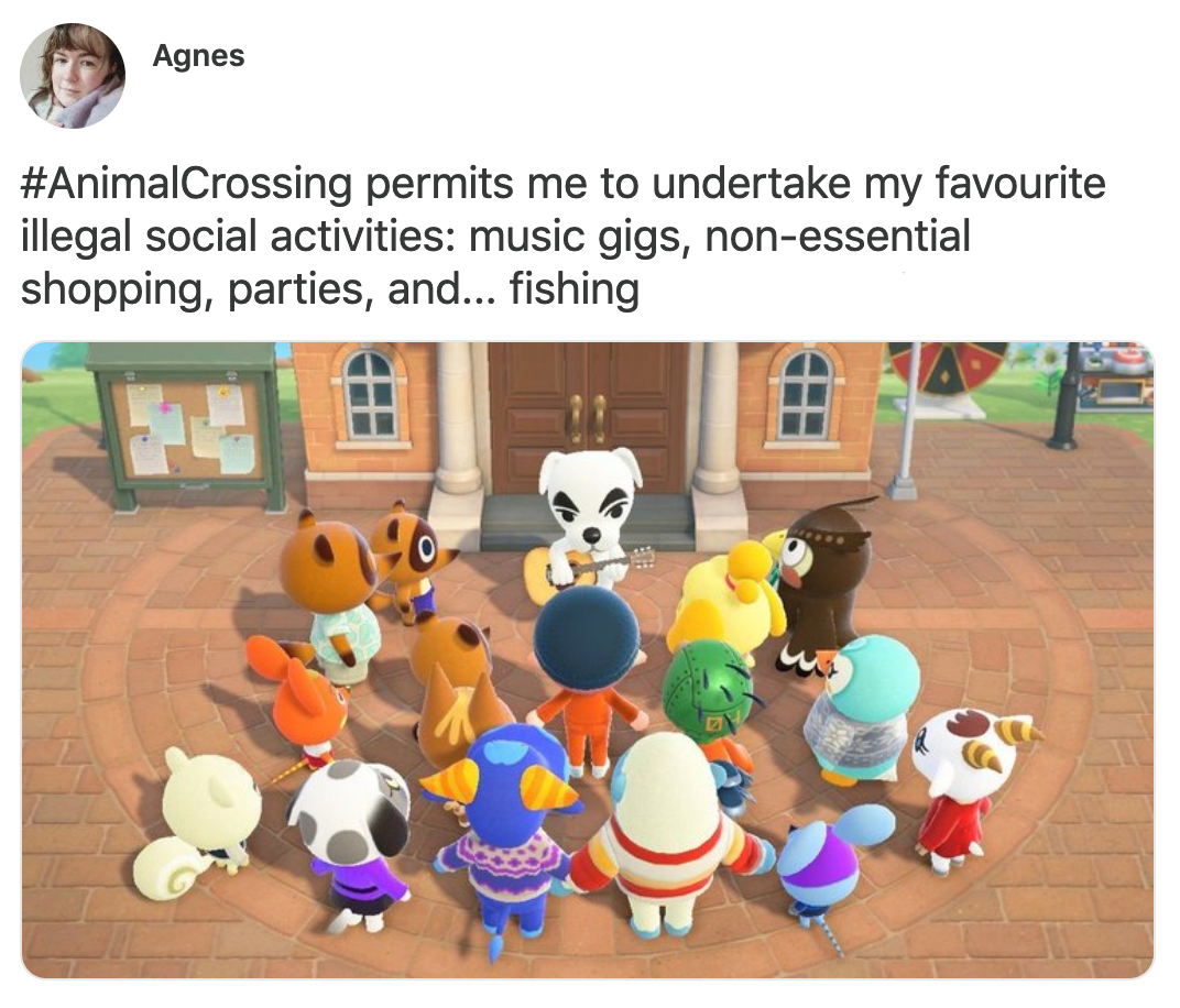 An old tweet by me. "Animal Crossing permits me to undertake my favourite illegal social activities: music gigs, non-essential shopping, parties, and... fishing"