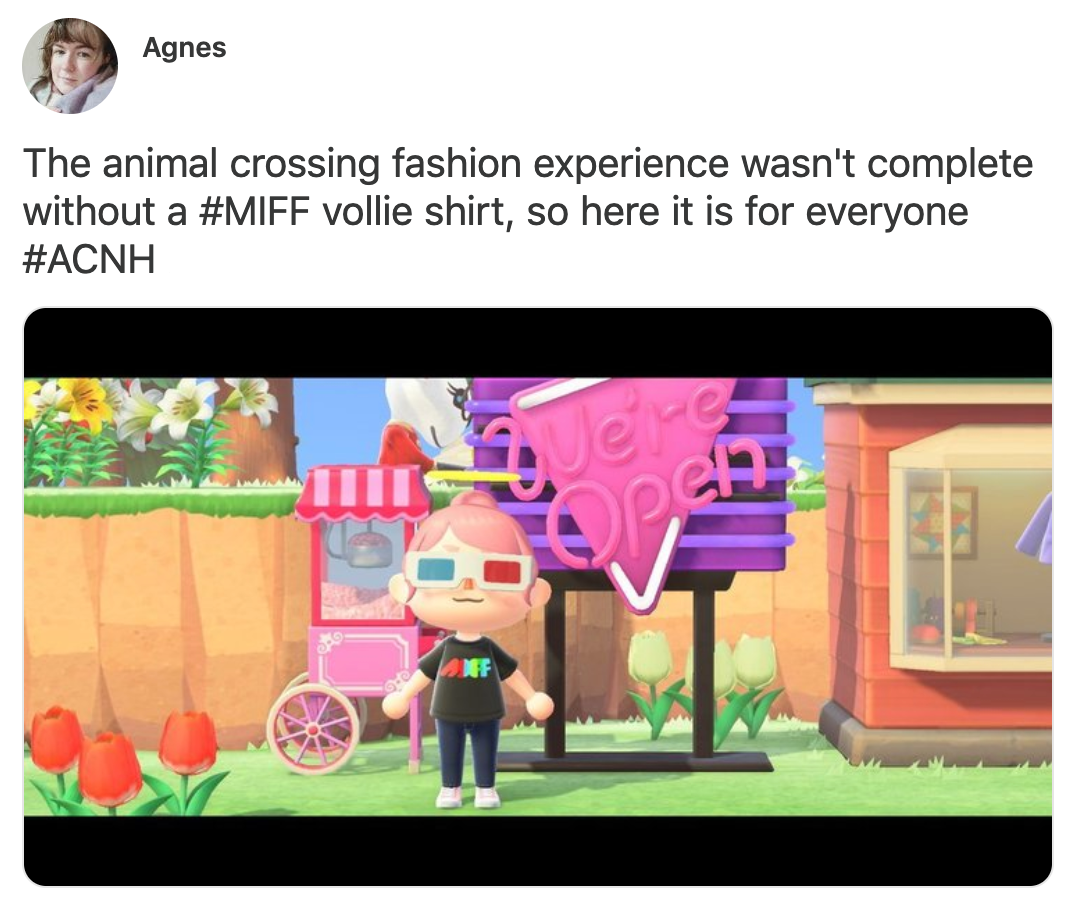 An old tweet by me. "The animal crossing fashion experience wasn't complete without a MIFF vollie shirt."