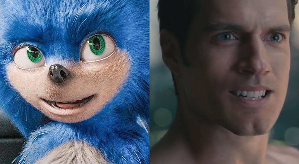 Close-ups of the original trailer Sonic with a messed-up face, and CGI no-moustache Superman.