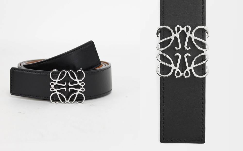 Two photos of a black belt with a curved silver buckle. They're pretty much identical.