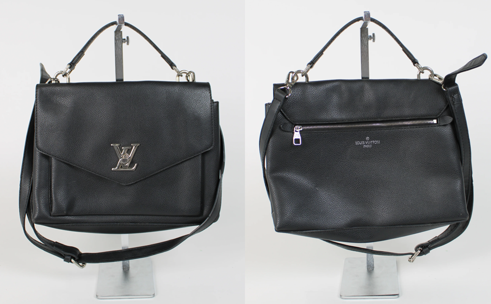 Front and back views of a black handbag with an LV logo lock.