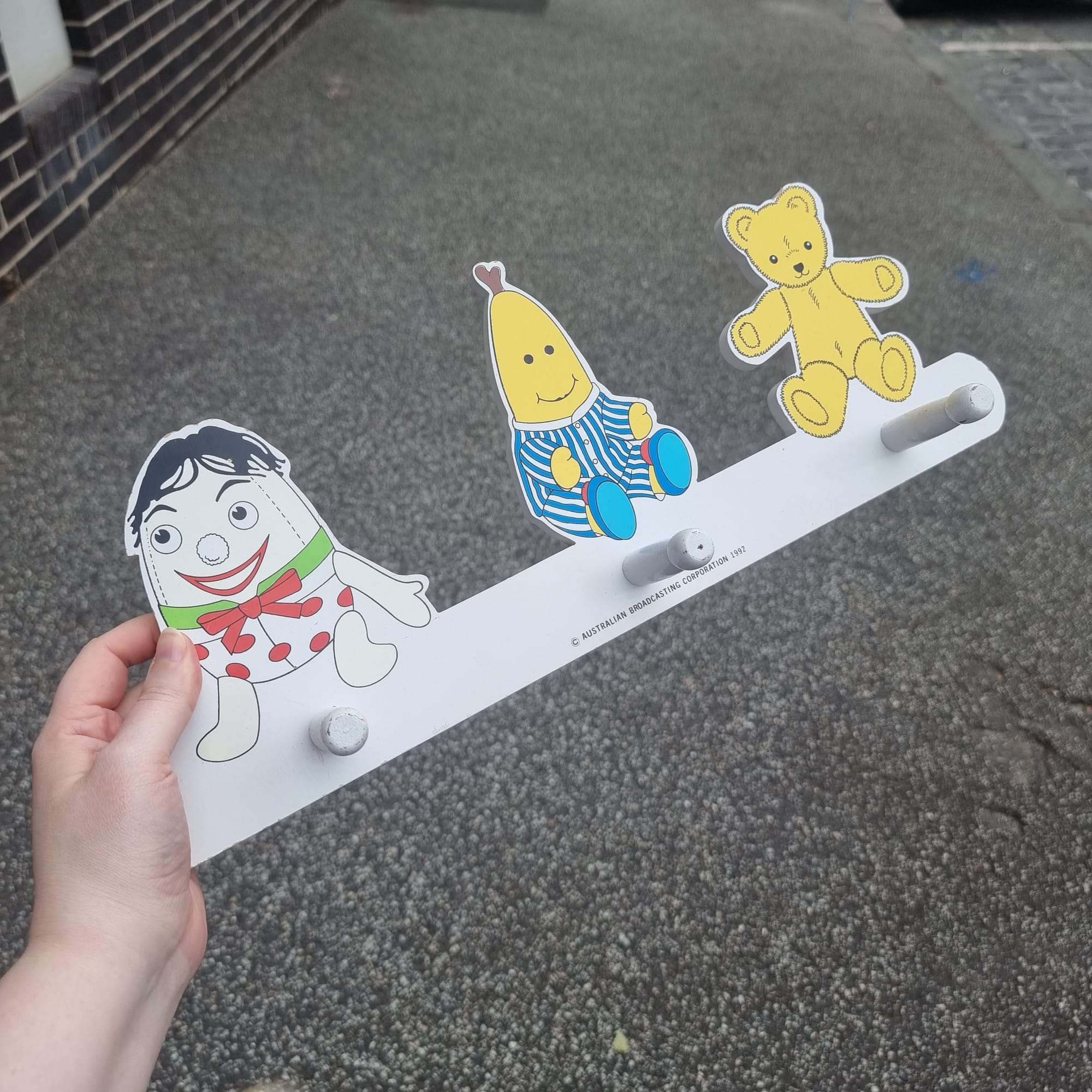 a vintage ABC Kids wall hook set, featuring Humpty and Big Ted from Play School and a Banana.
