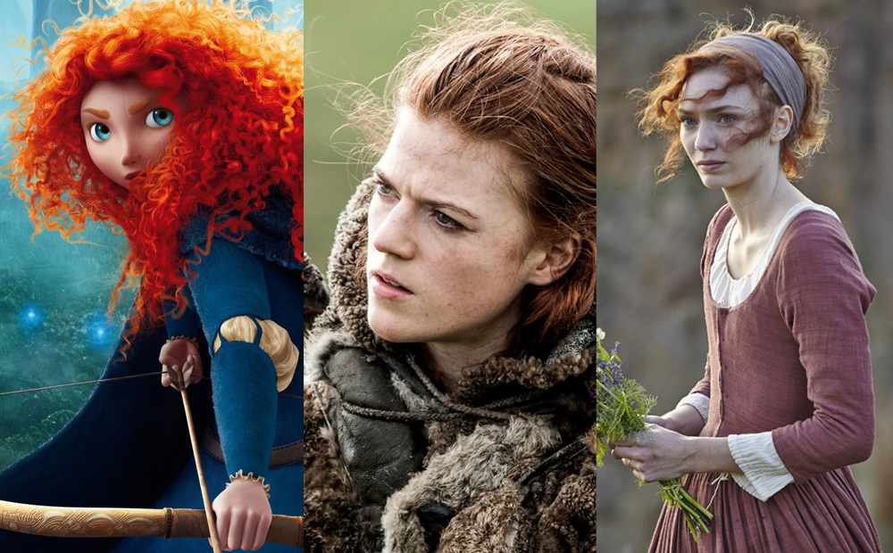 Three redhead women, two of whom wield bows. Merida from Brave, Ygritte from Game of Thrones, Demelza from Poldark.